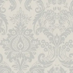 Rao Grey Silver effect Damask Textured Wallpaper