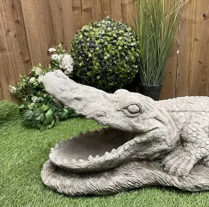 Large Stone Cast Crocodile Ornament with Mouth Open