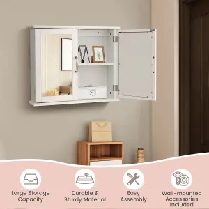 Costway Wall Mounted Bathroom Mirror Cabinet Wooden Storage Cupboard w/ Double Doors