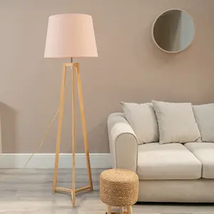 ValueLights Lottie Natural Wood Tripod Floor Lamp with Pink Tapered Shade