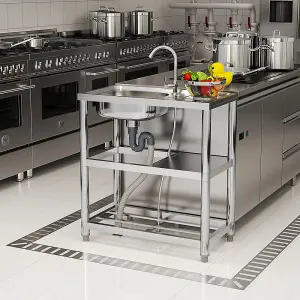 Reversible 1 Compartment Commercial Floorstanding Stainless Steel Kitchen Sink with 2 Tier Storage Shelf