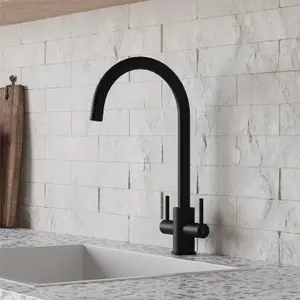 Liquida AD398MB Swan Neck Twin Lever Kitchen Mixer Tap In Matt Black