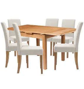 Hallowood Furniture Waverly Oak Small Extending Table with 6 Upholstered Straight Back Beige Chair with Oak Legs