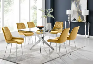 Furniturebox UK Leonardo Glass And Chrome Metal Dining Table And 6 Mustard Pesaro Velvet Silver Leg Chairs