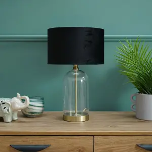 ValueLights Jessy Glass and Gold Metal Bedside Table Lamp with a Black Velvet Lampshade - Bulb Included