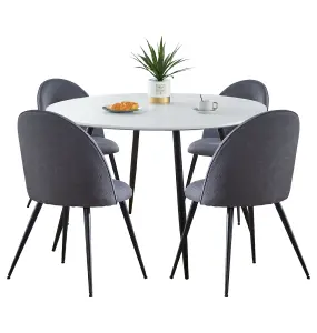 Hallowood Furniture Cullompton Large Round White Marble Effect Dining Table 120cm with 4 Curved-back Grey Fabric Chairs