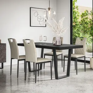 Aria Dining Table And Chairs -  Black Table Top w Black Legs + Monza Linen Dining Chair Set Of 4 (Beige)