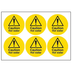 CAUTION HOT WATER 6x Warning Sign - Self Adhesive 65mm Diameter