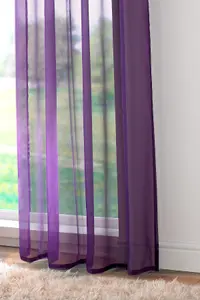 Elegant Plain Voile Curtain Panels PAIR with FREE Tie Backs 150cm x 183cm Purple