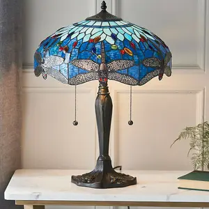 Tiffany Glass Table Lamp Light Dark Bronze Base & Blue Dragonfly Shade i00192