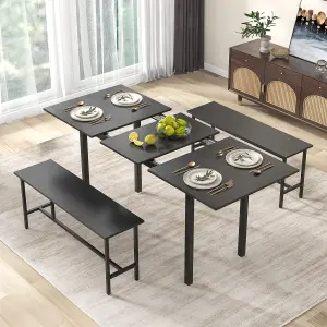 COSTWAY 3 Pcs 160cm Dining Table Set for 4-6 Extendable Kitchen Table Set w/ 2 Benches