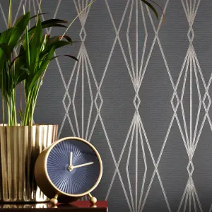 GoodHome Ajuga Charcoal Rose gold effect Art deco Textured Wallpaper Sample