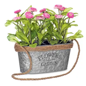 LIVIVO Zinc Plant Pot with Cotton Rope Handles - 'Flowers & Garden' Design for Outdoor or Indoor, Flower Herb & Pot