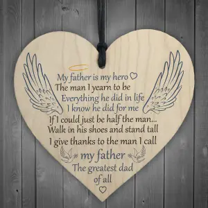 Red Ocean Father Is My Hero Memorial Wooden Hanging Heart Grave Plaque Sign Angel Wings