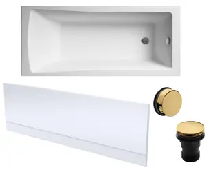 Square Single Ended Bath, Front Panel and Brushed Brass Waste - 1700 x 700mm