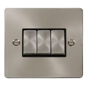 Flat Plate Satin / Brushed Chrome 10A 3 Gang 2 Way Ingot Light Switch - Black Trim - SE Home