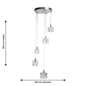 First Choice Lighting Pair of Chrome 5 Light Cluster Fitting with Ice Cube Glass Shades