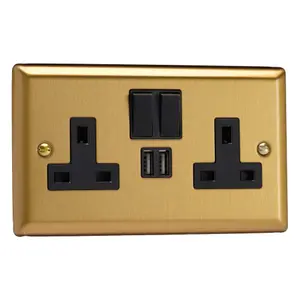 Varilight 2-Gang 13A Single Pole Switched Socket + 2x5V DC 2100mA USB Charging Ports  Brushed Brass