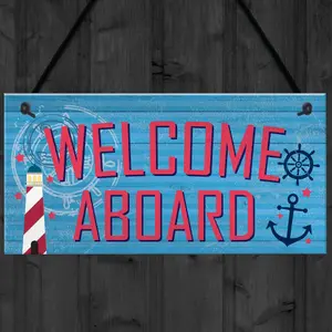 Red Ocean Welcome Aboard Nautical Seaside Marine Theme Gift Hanging Plaque Bathroom Bedroom Boat Sign