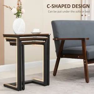 HOMCOM C-Shaped Nesting Tables Set of 3 with Steel Frame, Rustic Brown