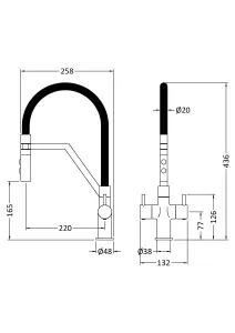 Modern Kitchen Mono Mixer Tap with 2 Lever Handles, 436mm - Brushed Brass