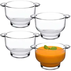 Queensway Home & Dining Height 8cm 410ml Set of 4 Small Clear Glass Soup Bowl with Handles Dishwasher Safe