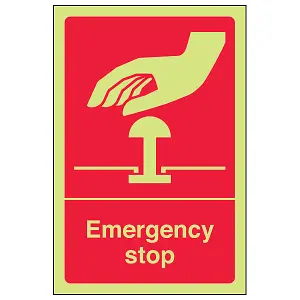 Emergency Stop Button Safety Sign - Glow in the Dark - 200x300mm (x3)