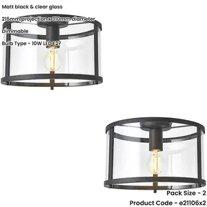 2 PACK Semi Flush Low Ceiling Light - Matt Black & Clear Glass - 10W Max LED E27