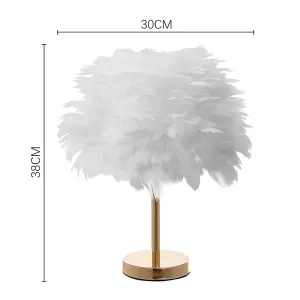 White Chic LED Feather Bedroom Bedside Table Lamp with Metal Base and Switch 30x38 cm