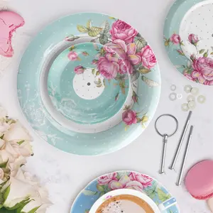 3 Tier Cake Stands Afternoon Tea Cake Stand Plates New Bone China Vintage Flora Gift For Her (Turquoise)