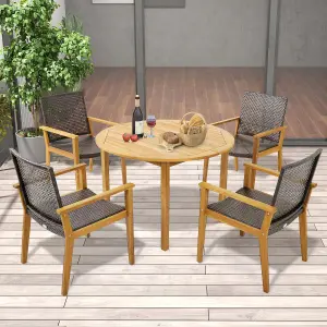 Costway Patio Dining Chairs Set of 4 Outdoor Acacia Wood & PE Wicker Chairs with Armrests