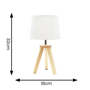 ValueLights Jackson Natural Wood Tripod Table Lamp with Fabric Shade and LED Bulb