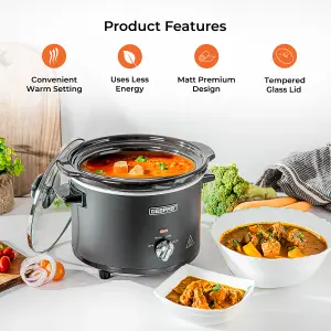 Geepas 2.5 Litre Slow Cooker 3 Temperature Settings, Removable Easy-Clean Ceramic Bowl Tempered Glass Lid & Cool Touch Handles