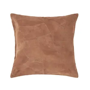 Homescapes Tan Brown Real Leather Suede Cushion with Feather Filling