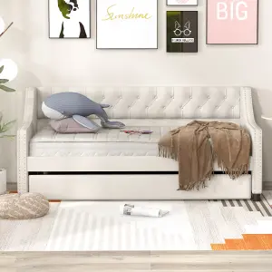 Costway Single Size Trundle Bed Linen Upholstered Daybed w/ Trundle Sofa Bed Frame