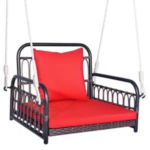 Costway Hanging Porch Swing Chair Rattan Woven Rocking Chair w/ Cushion & Rope