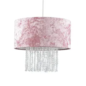 ValueLights Boland Pink Velvet Cylinder Ceiling Pendant Light Shade with Clear Acrylic Droplets