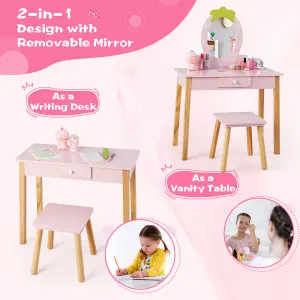 Costway 2-in-1 Kids Vanity Set Children Wooden Vanity Set w/ Stool Mirror & Drawer