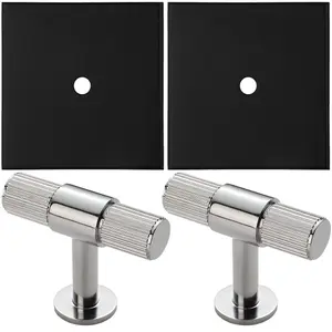 2 PACK - Cabinet Door Knob & Contrasting Backplate Set - Reeded T Bar Pull - Polished Chrome & Black