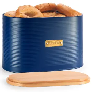 EHC Space Saving Extra Large Bread Box Bin With Wooden Lid, For Kitchen Countertop Bread Storage, Navy Blue,  8 L