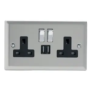 Varilight 2-Gang 13A Single Pole Switched Socket + 2x5V DC 2100mA USB Charging Ports  Satin