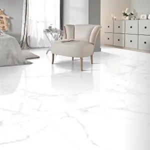 Lacey Polished White Marble Effect Porcelain Wall & Floor Tile - Pack of 16 Tiles, 11m² - (L)600(W)1200mm