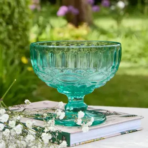 Set of 2 Vintage Turquoise Blue Glass Trifle Bowl and Dessert Bowls