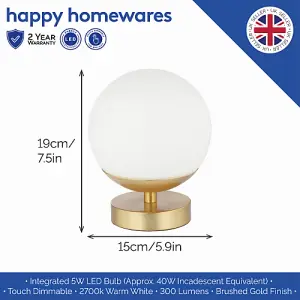 Modern Touch Dimmable LED White Globe Glass Table Lamp with Brushed Gold Base