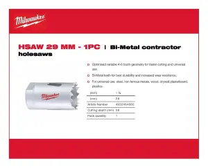 Milwaukee - Bi-Metal Contractor Holesaw - 29mm - 1 Piece