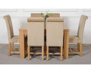 Dakota 127 x 82 cm Chunky Oak Small Dining Table and 6 Chairs Dining Set with Washington Beige Fabric Chairs