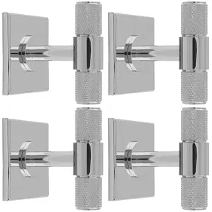 4 PACK - Knurled T Bar Cabinet Door Knob & Matching Backplate - Polished Chrome 40 x 40mm