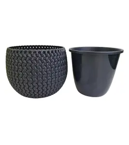 DECORATIVE FLOWERPOT WITH INSERT. WICKERWORK IMITATION - 18CM -ANTRACITE - SPLOFY BOWL