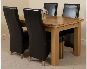 Richmond 140cm - 220cm Oak Extending Dining Table and 4 Chairs Dining Set with Lola Black Leather Chairs