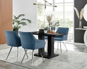 Furniturebox Imperia 4 Modern Black High Gloss Dining Table and 4 Blue Falun Silver Leg Chairs